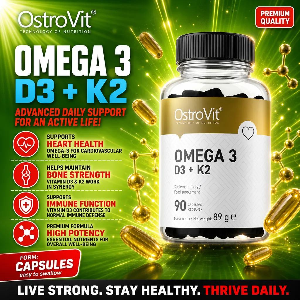 OstroVit Omega 3 D3 + K2 90 capsules dietary supplement with omega-3, vitamin D3, and vitamin K2, designed to support heart health, bone strength, and immune function. The product comes in a clear bottle with a gold and white label.