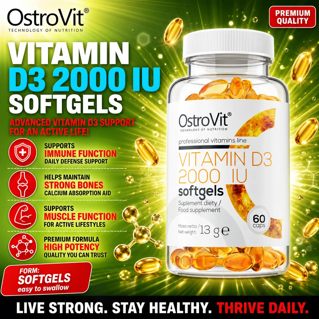 OstroVit Vitamin D3 2000 IU Softgels, 60 capsules, high potency vitamin D3 supplement for immune function, bone health, and muscle support, in a clear bottle with yellow softgels.