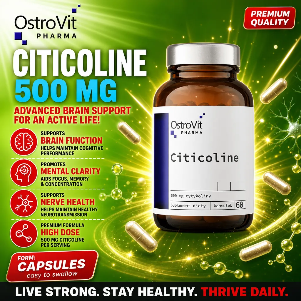 OstroVit Pharma Citicoline 500mg 60 capsules, a dietary supplement for brain function, mental clarity, and nerve health, in capsule form with a green background.