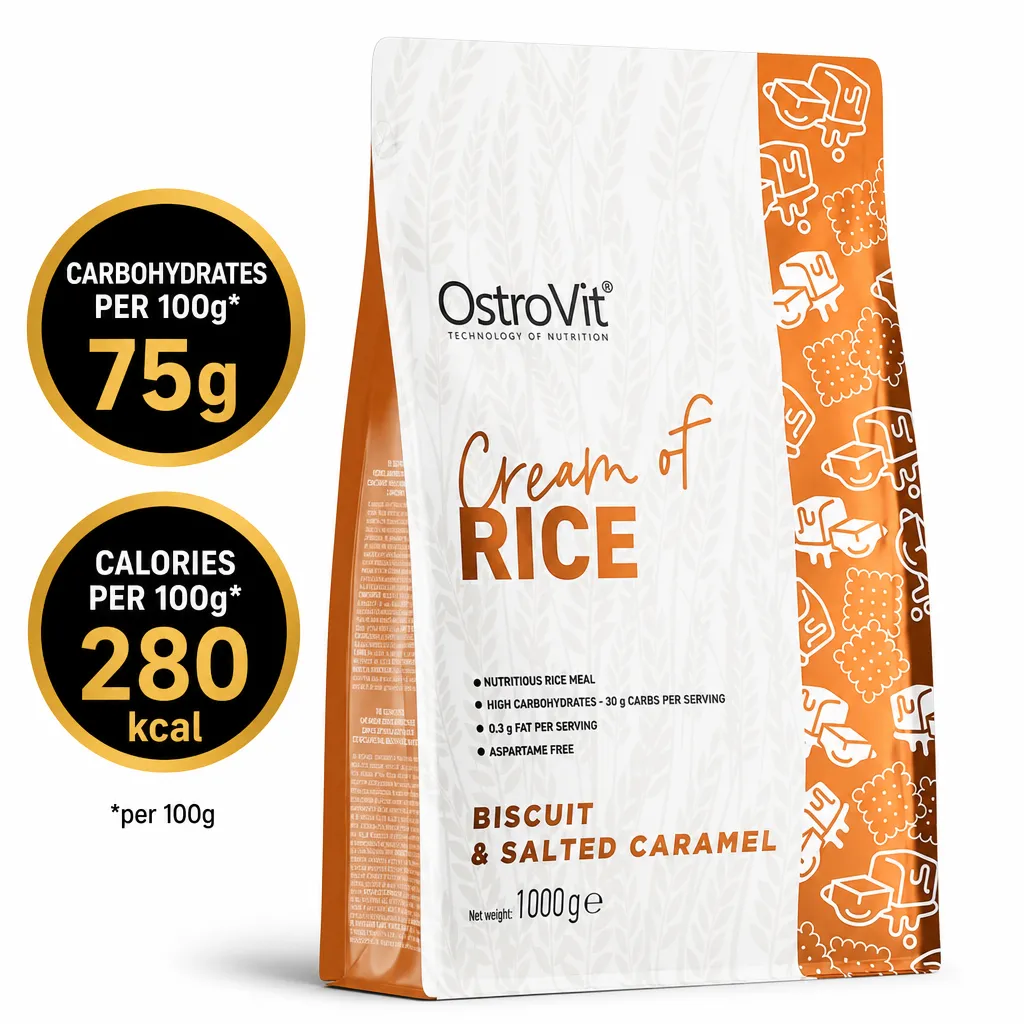 OstroVit Cream of Rice 1000g rice porridge powder in biscuit and salted caramel flavour, shown in a white and orange pouch.