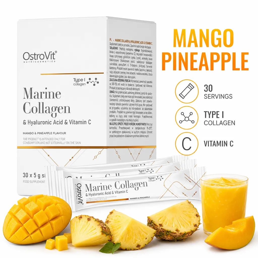 OstroVit Marine Collagen & Hyaluronic Acid & Vitamin C mango and pineapple flavoured powder in 5 g sachets, 30 servings
