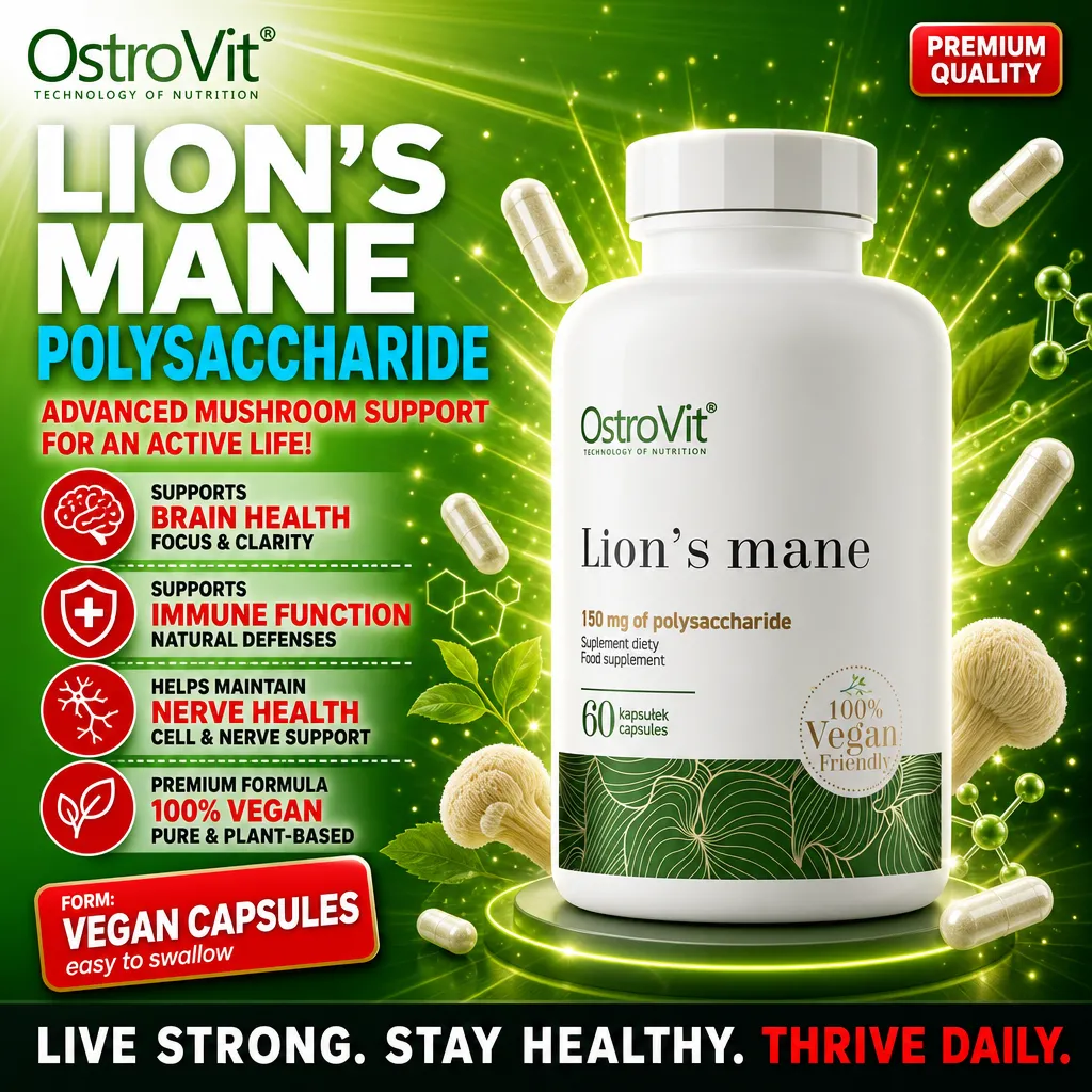 OstroVit Lion's Mane 60 vegan capsules, a mushroom polysaccharide supplement supporting brain, immune, and nerve health, 100% vegan and plant-based, in a white and green bottle.