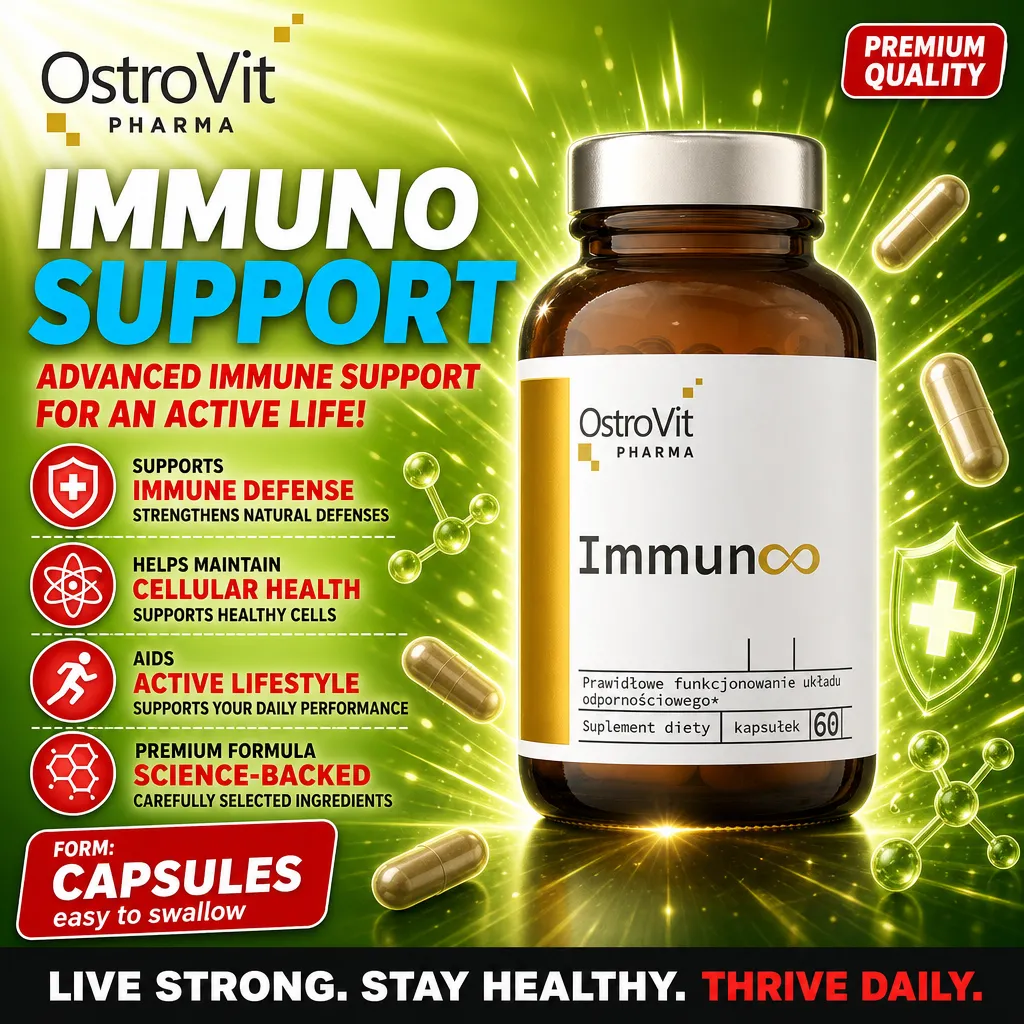 OstroVit Pharma Immuninfinity 60 kapsułek, immune support dietary supplement in capsule form, brown glass bottle with white and gold label, designed for advanced immune defense and cellular health.