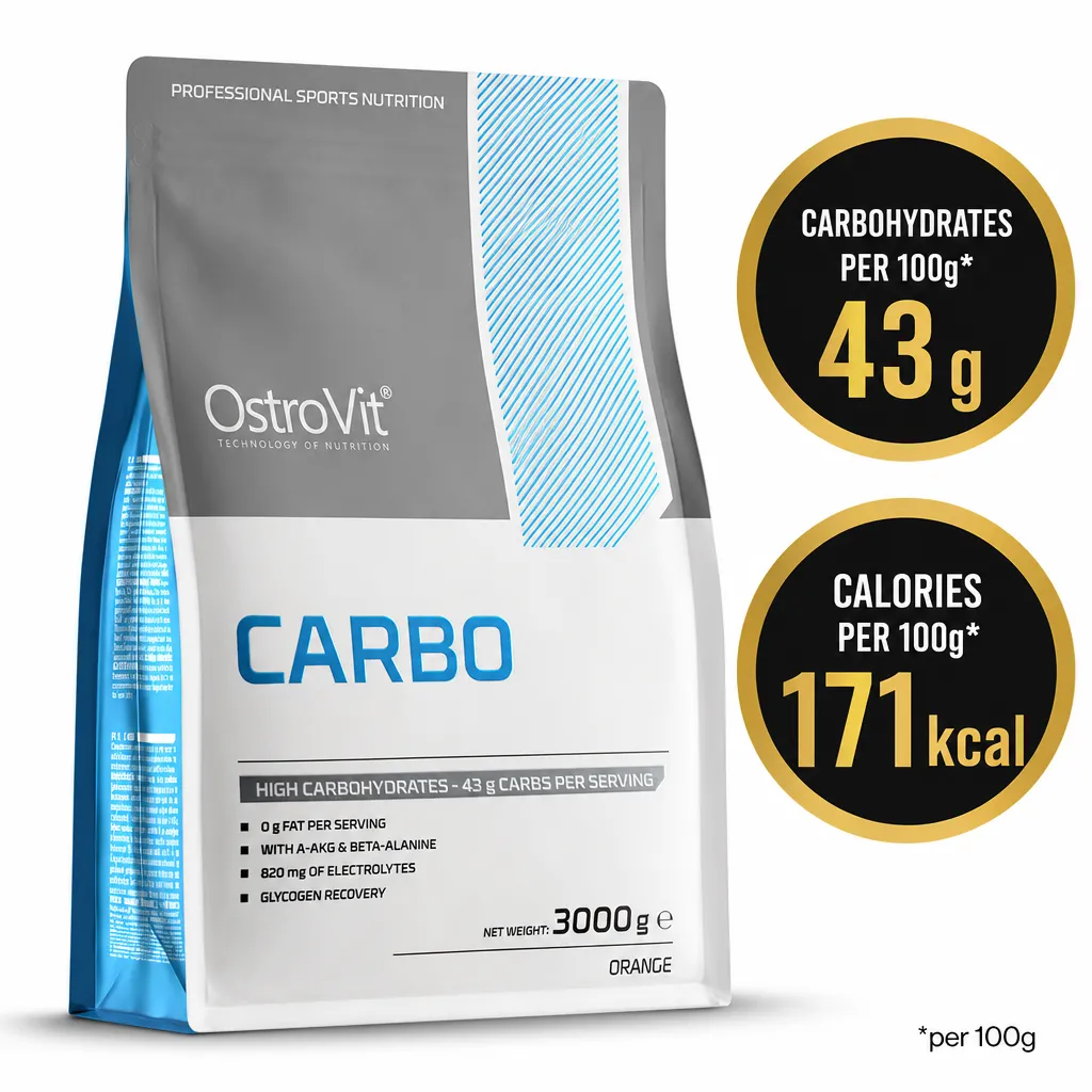 OstroVit Carbo 3000g orange-flavoured carbohydrate powder supplement in a resealable pouch with 3 kg net weight