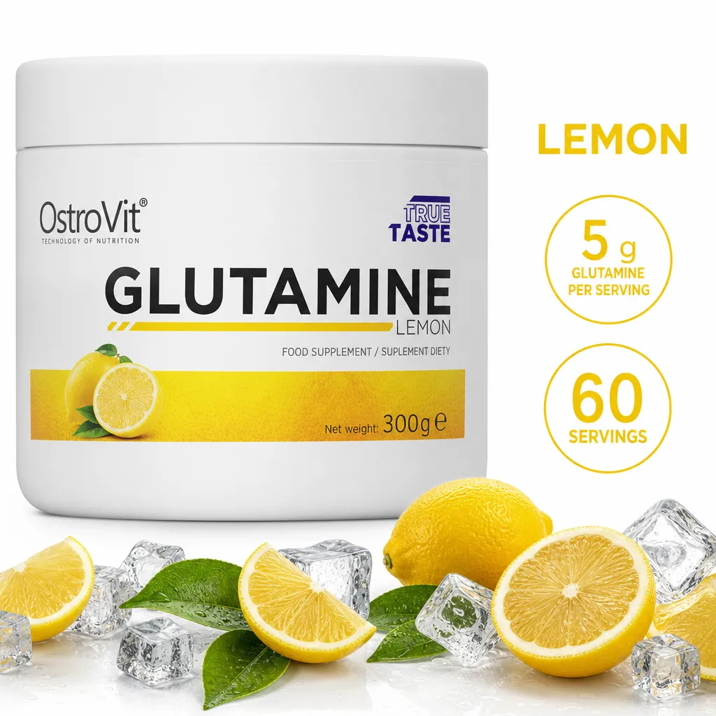 OstroVit Glutamine 300g lemon-flavoured powder supplement in a white tub, with 5 g per serving and 60 servings