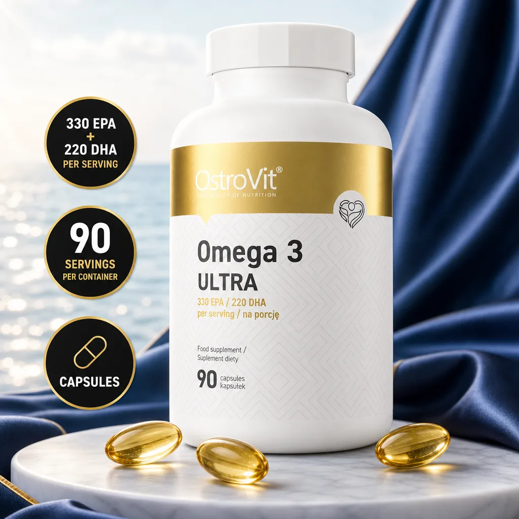 OstroVit Omega 3 Ultra supplement with 90 softgel capsules, featuring 330 mg EPA and 220 mg DHA per serving