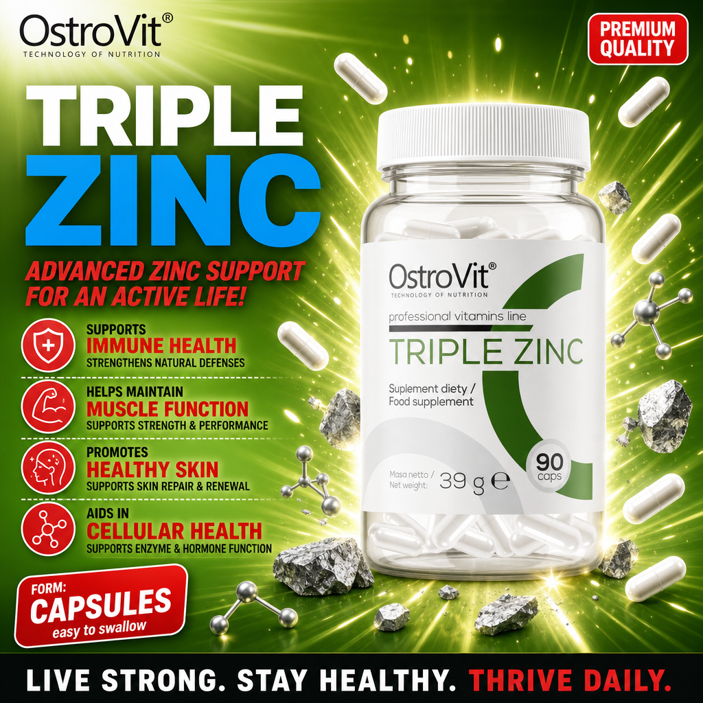 OstroVit Triple Zinc 90 caps dietary supplement, professional vitamins line, in capsule form for immune health, muscle function, healthy skin, and cellular health support. White bottle with green accents on a vibrant green background.
