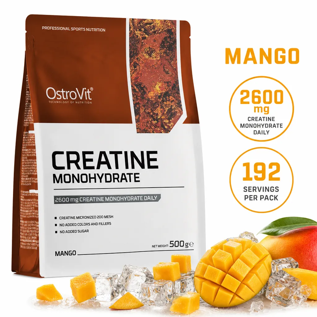 OstroVit Creatine Monohydrate 500g mango-flavoured powder supplement in a brown and white pouch
