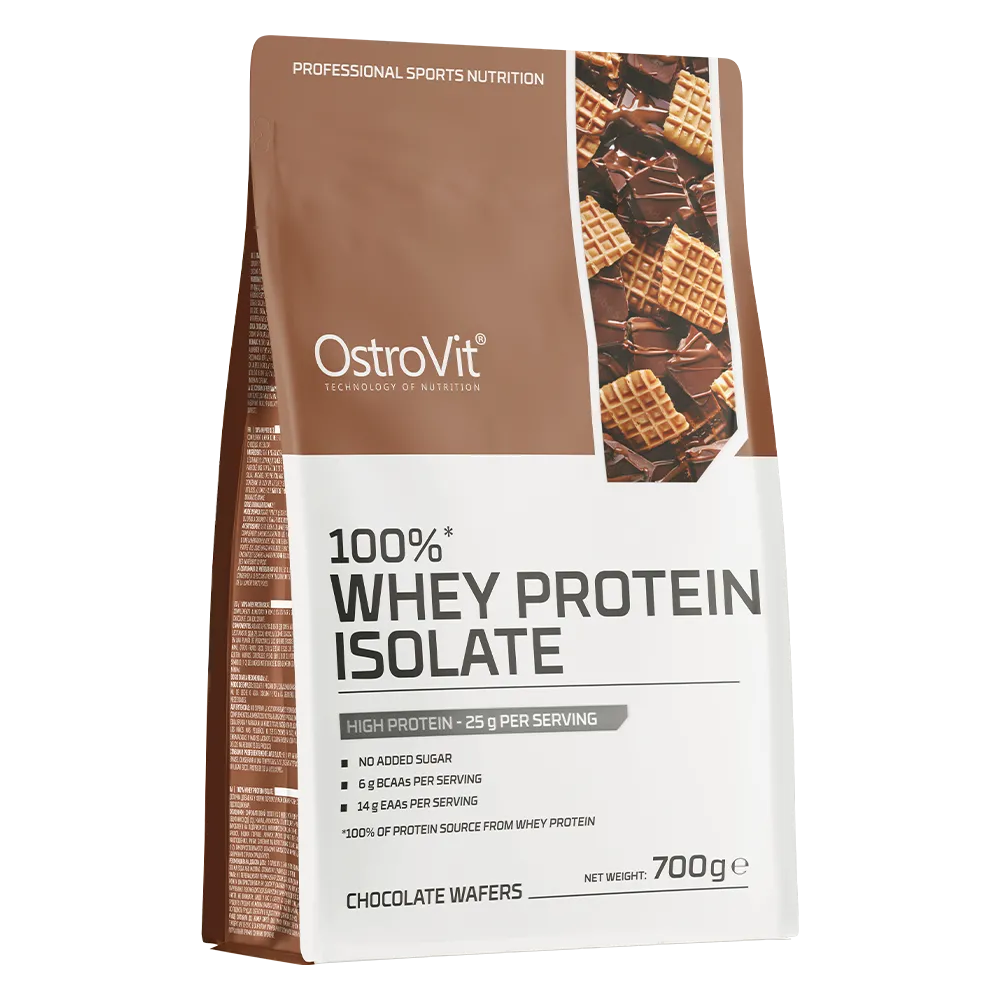 OstroVit 100% Whey Protein Isolate 700g chocolate wafers flavour, high protein supplement with no added sugar, 25g protein per serving, in a brown and white pouch.