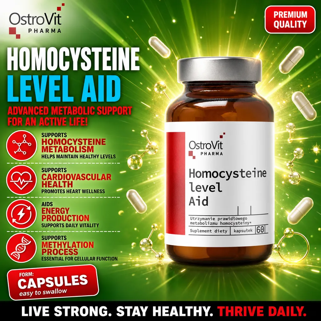 OstroVit Pharma Homocysteine Level Aid 60 Caps bottle, white plastic container with blue and silver label, 60 vegan capsules