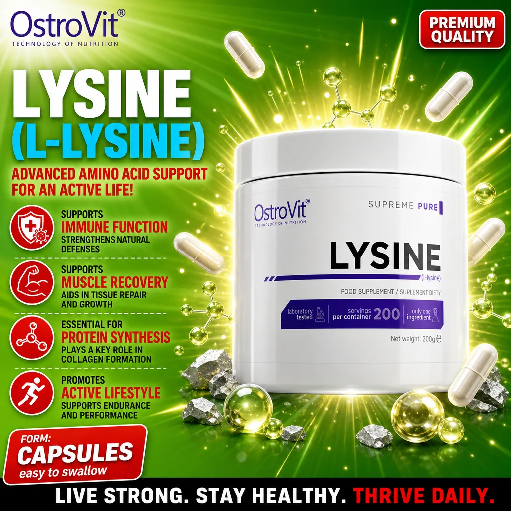 OstroVit Lysine 200g L-lysine amino acid supplement, Supreme Pure series, in capsule form, supports immune function, muscle recovery, and protein synthesis. The packaging is predominantly white with green and yellow highlights.