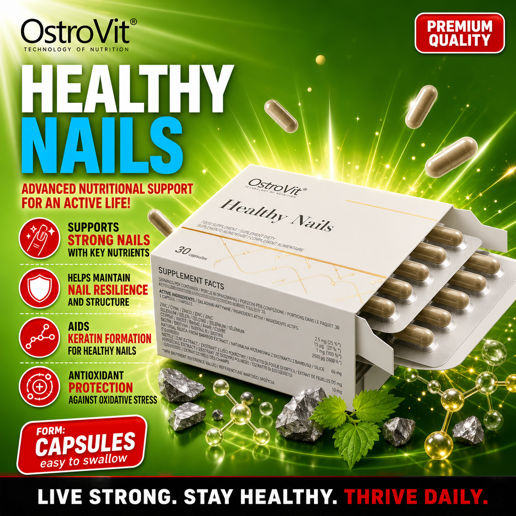 OstroVit Healthy Nails 30 capsules dietary supplement for nail strength, resilience, and keratin formation, shown in blister packs with a green background and supplement facts visible.