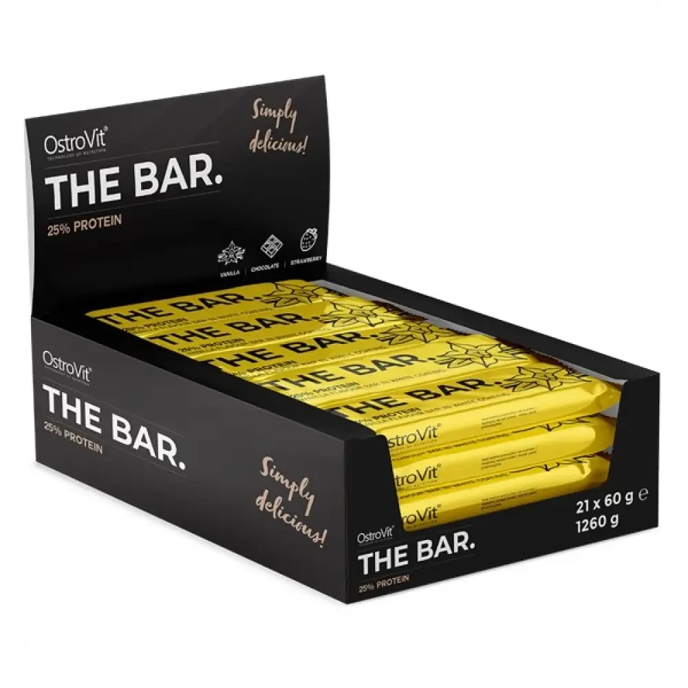 OstroVit THE BAR. 60g x21 Vanilla high-protein snack bars in a display box, featuring individually wrapped yellow bars ideal for athletes and fitness enthusiasts.