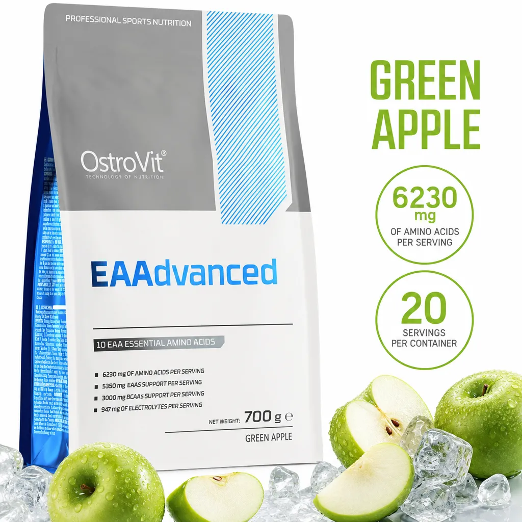 OstroVit EAAdvanced 700g green apple essential amino acid powder with EAAs, BCAAs, electrolytes and vitamin B6.