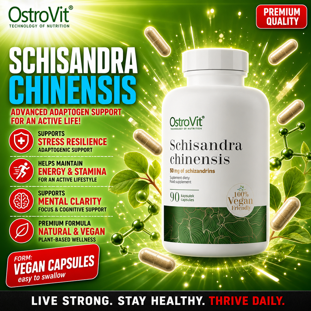 OstroVit Schisandra Chinensis 90 vegan capsules, a dietary supplement with 50 mg of schizandrins per capsule, supporting stress resilience, energy, stamina, and mental clarity, in a green-themed vegan-friendly bottle.