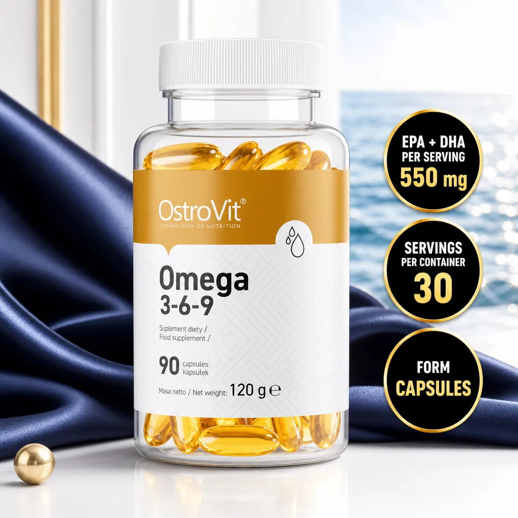 OstroVit Omega 3-6-9 dietary supplement with 90 golden softgel capsules in a clear bottle