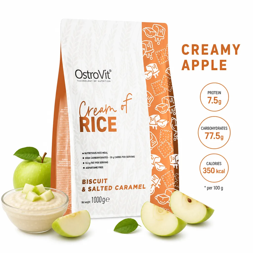 OstroVit Cream of Rice 1000g by OstroVit Nutrition, biscuit & salted caramel flavor, features creamy apple visuals, high carbohydrates, and protein content, in a resealable pouch.