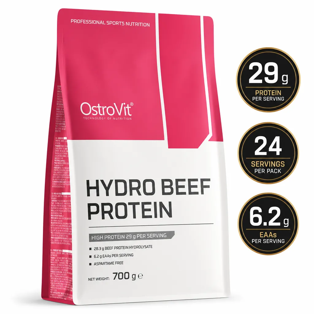OstroVit Hydro Beef Protein 700g hydrolysed beef protein powder in a pink and white pouch with 29g protein per serving