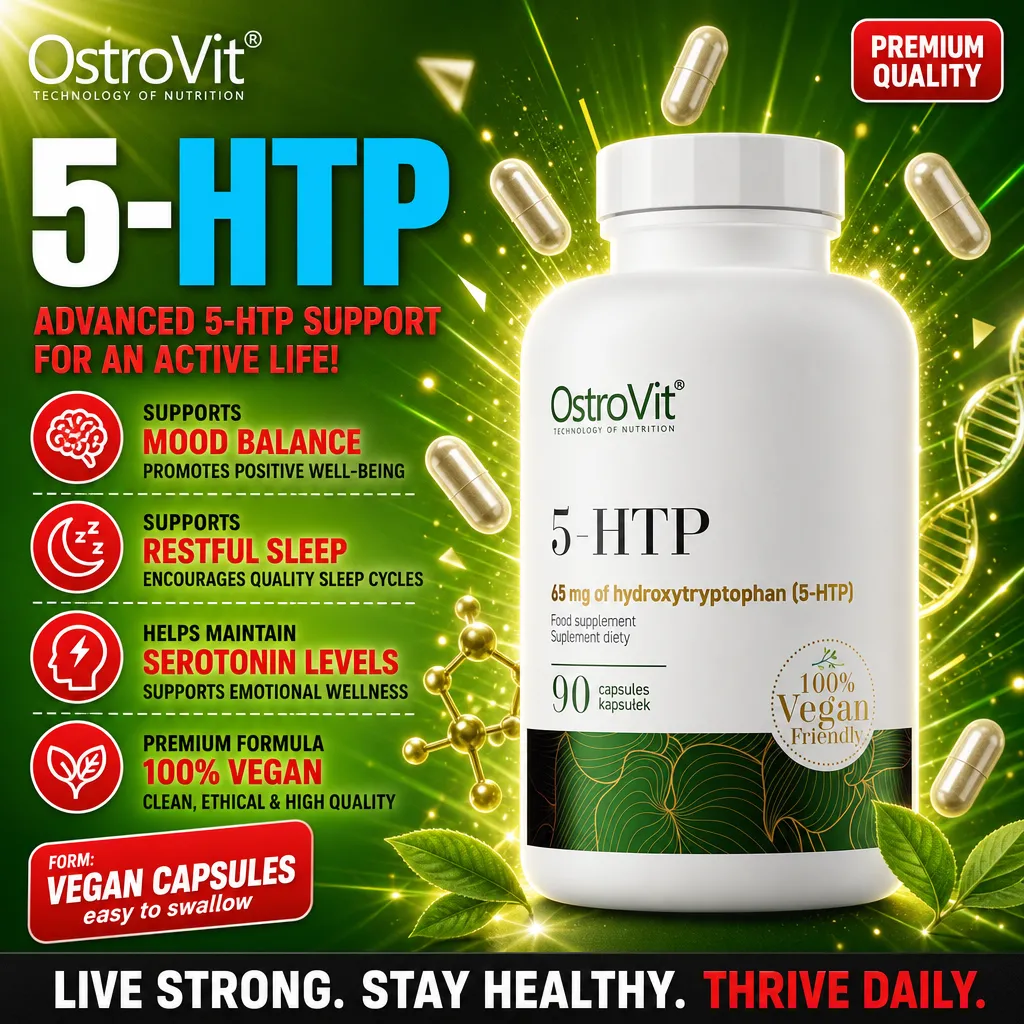 OstroVit 5-HTP 90 capsules vegan-friendly food supplement with 65 mg of hydroxytryptophan per capsule, supports mood balance, restful sleep, and serotonin levels.