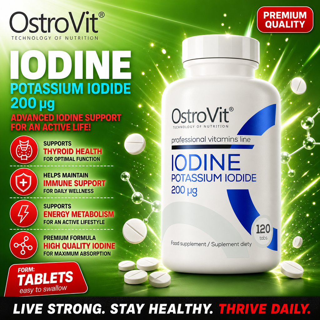 OstroVit IODINE Potassium Iodide 200μg 120 Tabs bottle, white plastic container with blue and purple label.