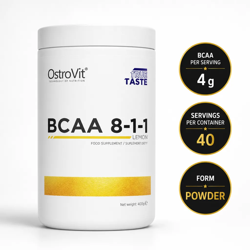 OstroVit BCAA 8-1-1 400g lemon-flavoured branched-chain amino acid powder supplement in a white tub