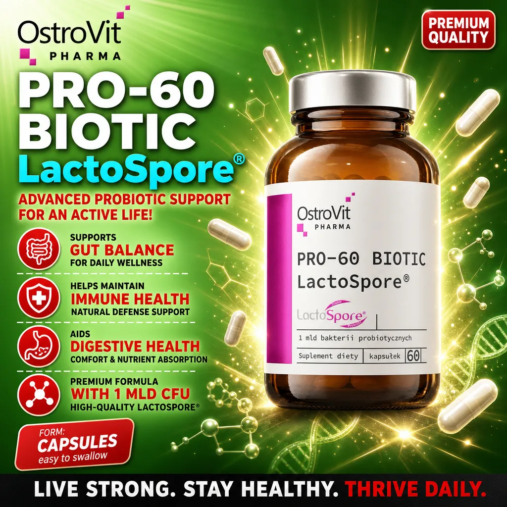 OstroVit Pharma PRO-60 BIOTIC LactoSpore probiotic supplement, 60 capsules, supports gut balance, immune health, and digestive health, premium formula with 1 billion CFU, in a brown bottle with a white label.