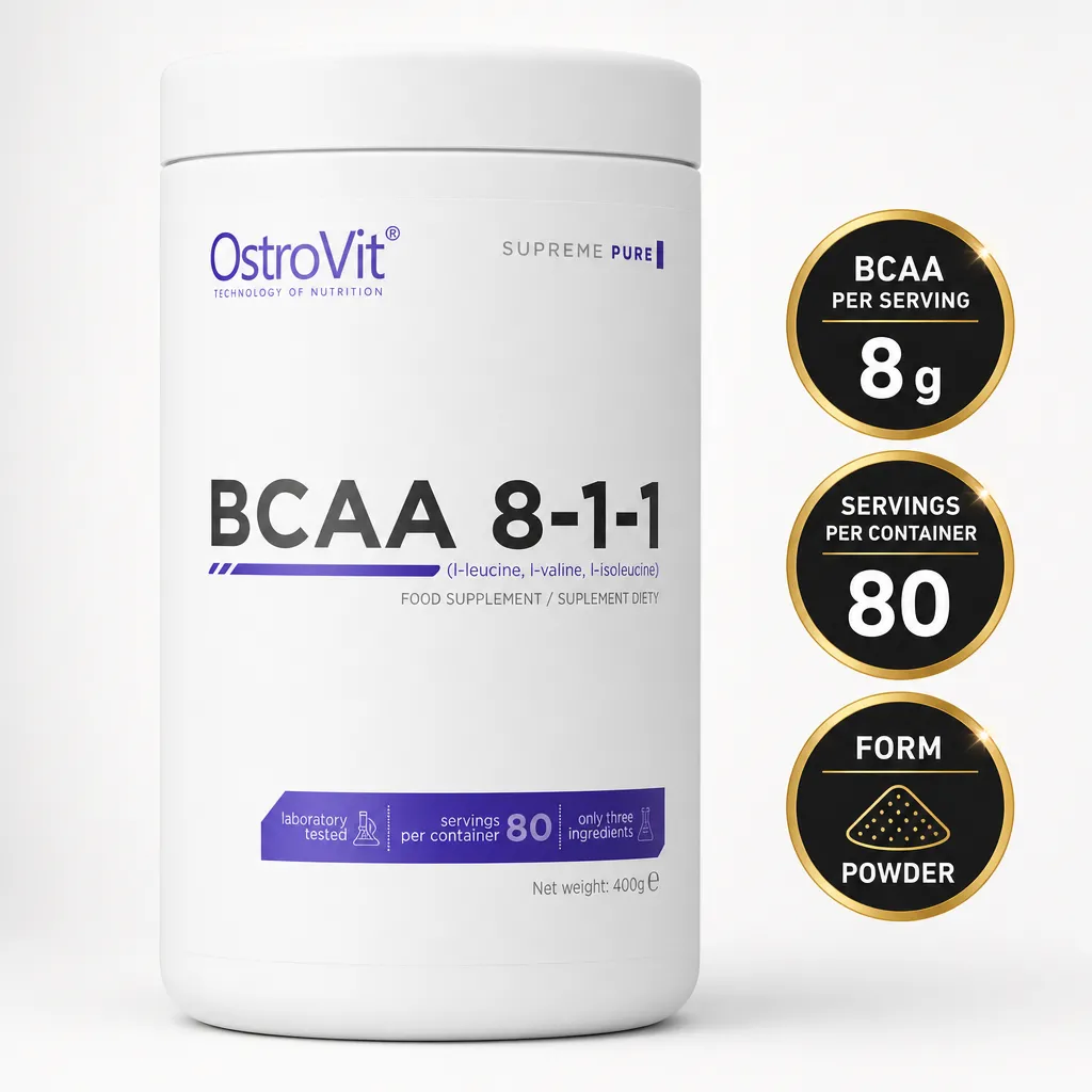 OstroVit BCAA 8-1-1 400g Unflavoured, branched-chain amino acid powder supplement in a white tub