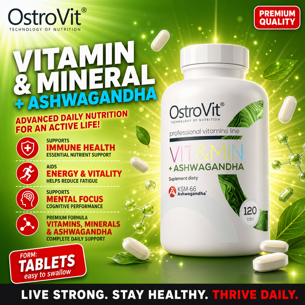 OstroVit Vit&Min + Ashwagandha 120 tabs dietary supplement, combining vitamins, minerals, and KSM-66 ashwagandha extract in tablet form for daily nutrition support.