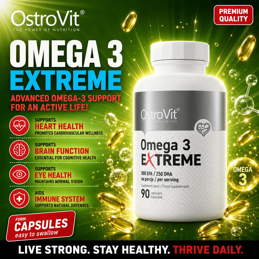 OstroVit Omega 3 Extreme 90 capsules omega-3 dietary supplement, supports heart, brain, eye health, and immune system, in easy-to-swallow capsule form, white bottle with green and gold background.