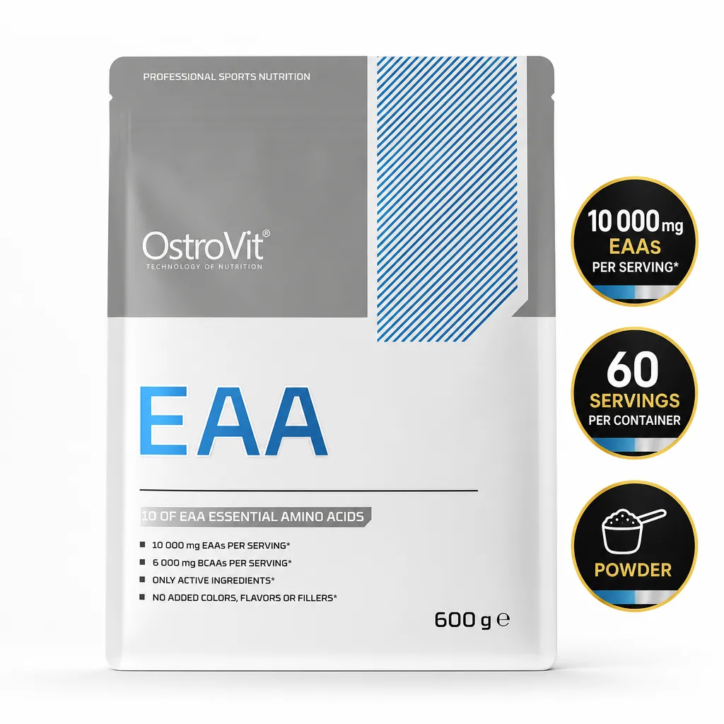 OstroVit EAA 600g essential amino acid supplement powder in a white and grey pouch with 60 servings