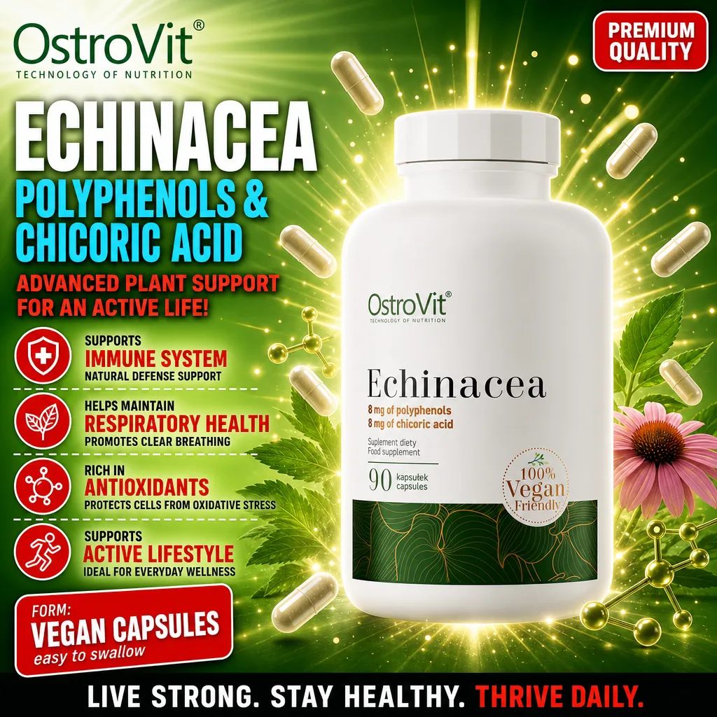 OstroVit Echinacea vegan capsules, 90-count bottle, echinacea supplement with polyphenols and chicoric acid, supports immune system and respiratory health, 100% vegan friendly, white bottle with green and gold label.