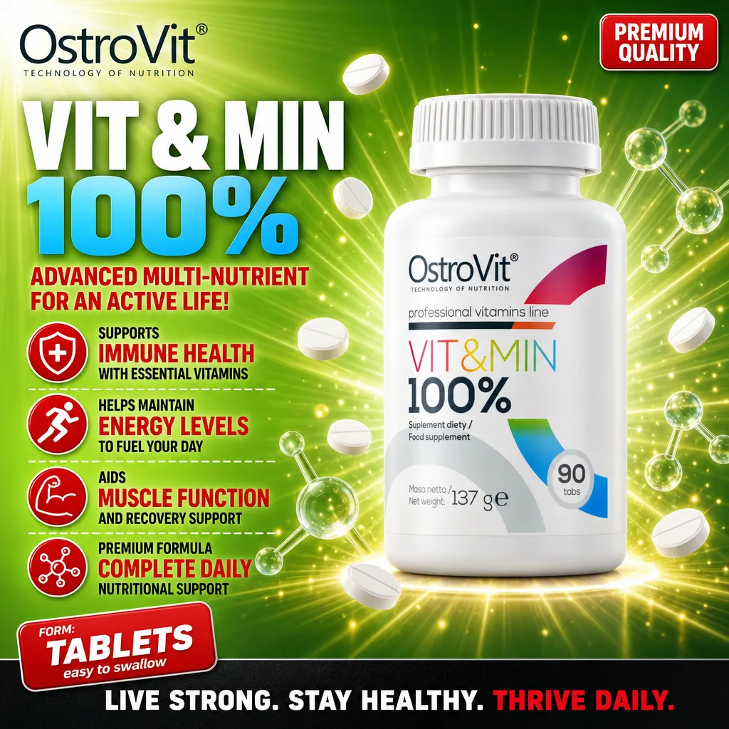 OstroVit Vit&Min 100% 90 tabs multivitamin and mineral supplement, professional vitamins line, in tablet form with a white bottle and green background.