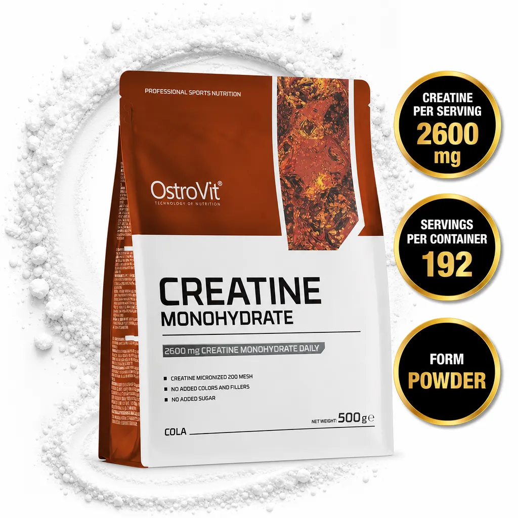 OstroVit Creatine Monohydrate 500g powder supplement in cola flavour, featuring 2600 mg creatine per serving