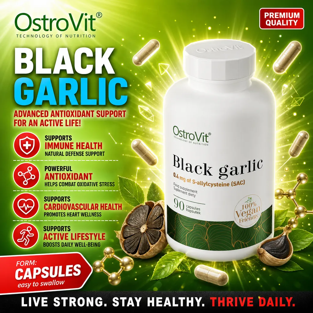 OstroVit Black Garlic 90 Vege Caps, vegan-friendly antioxidant supplement with 0.4 mg S-allylcysteine, supports immune and cardiovascular health, white bottle with green accents.