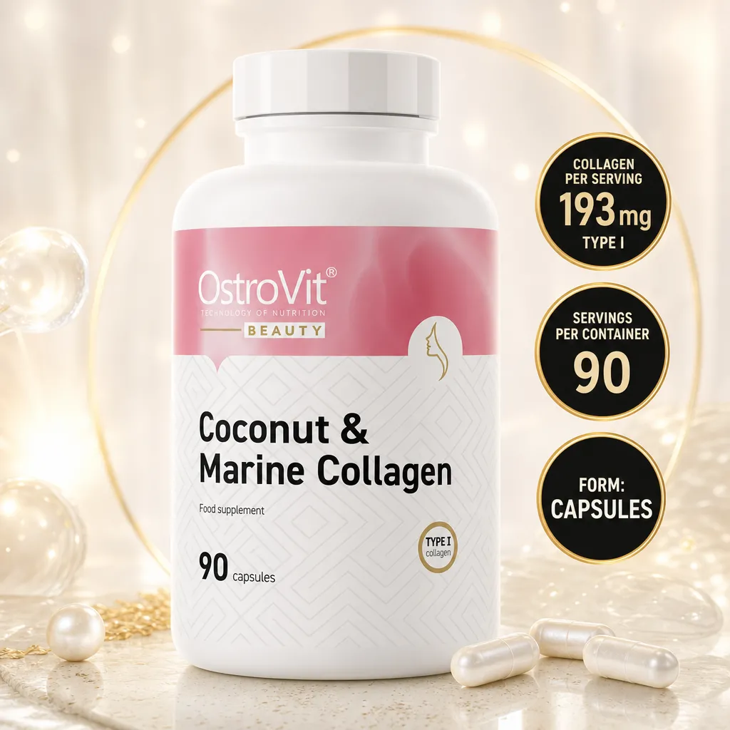 OstroVit Coconut & Marine Collagen 90 Caps, type I marine collagen and coconut supplement in capsule form