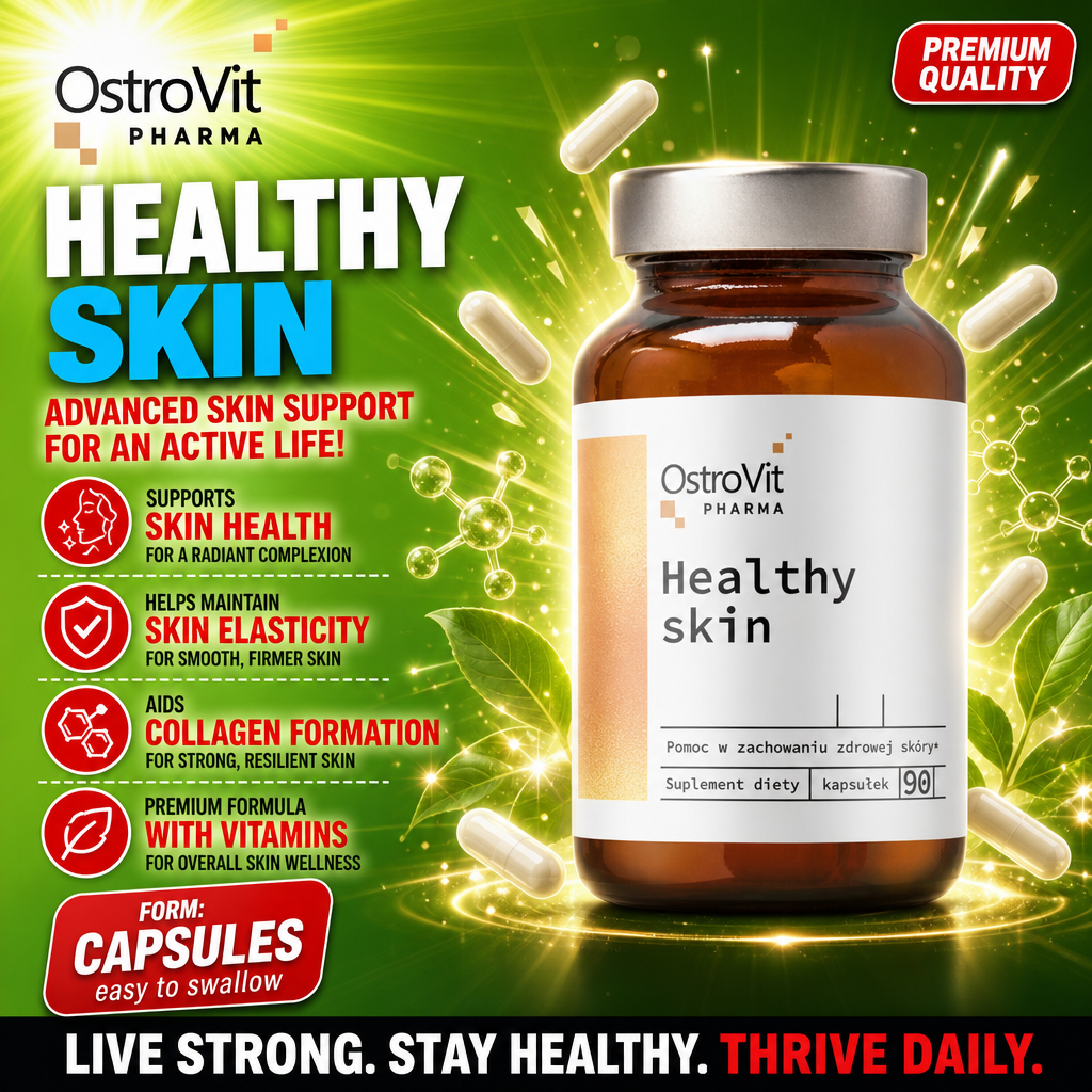OstroVit Pharma Healthy Skin 90 kapsułek dietary supplement for skin health, elasticity, and collagen formation, in capsule form with vitamins, in a brown glass bottle with a white label.