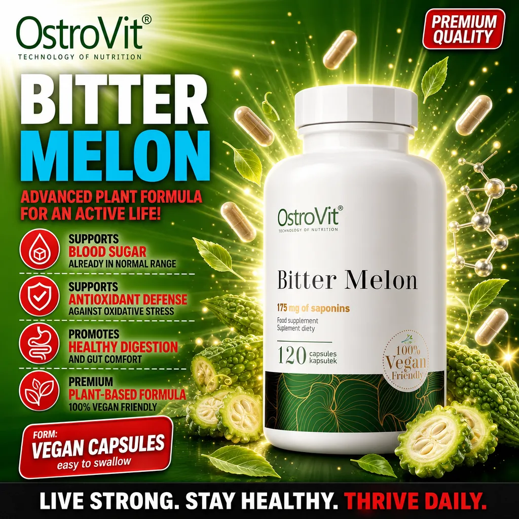 OstroVit Bitter Melon 120 Caps bottle, white plastic container with green and white label, 120 vegan capsules