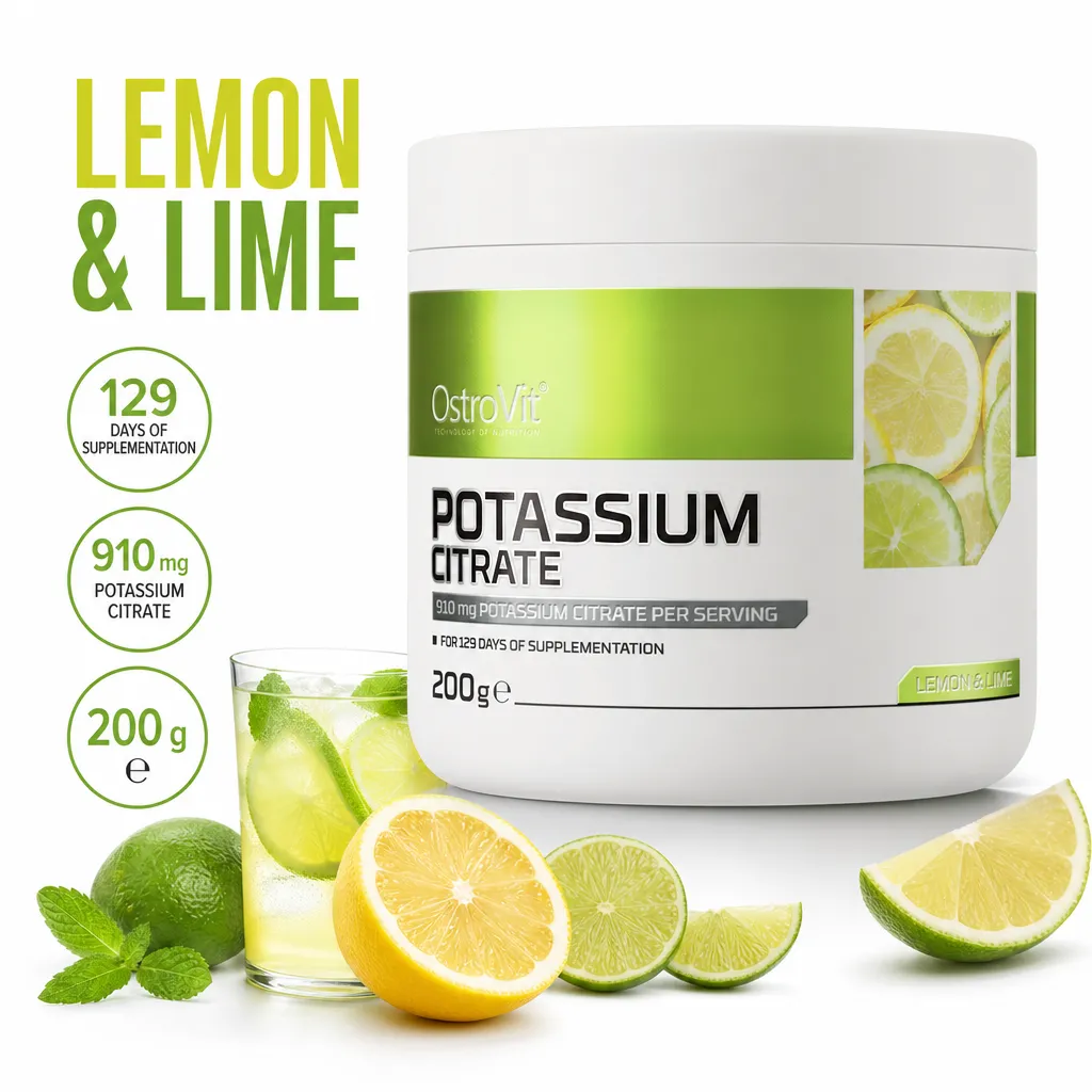 OstroVit Potassium Citrate 200g lemon-lime powdered food supplement in a white tub with citrus imagery