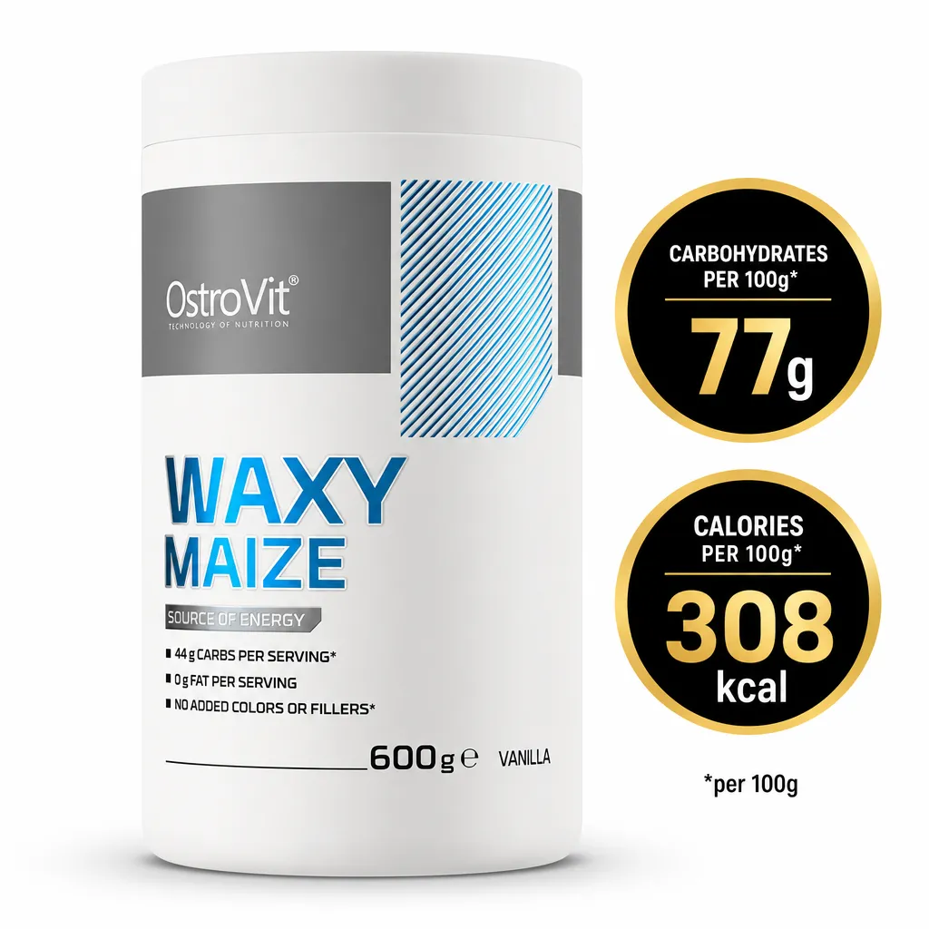 OstroVit Waxy Maize 600g vanilla carbohydrate powder supplement in a white tub, with 77g carbohydrates and 308 kcal per 100g