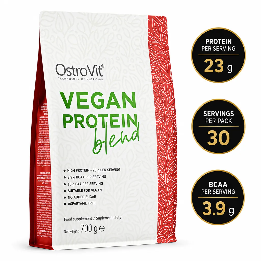 OstroVit Vegan Protein Blend 700g plant-based protein powder with 23g protein per serving in a white and red pack