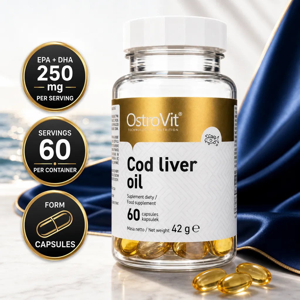 OstroVit Cod Liver Oil 60 Caps dietary supplement with 60 golden softgel capsules and EPA plus DHA omega-3