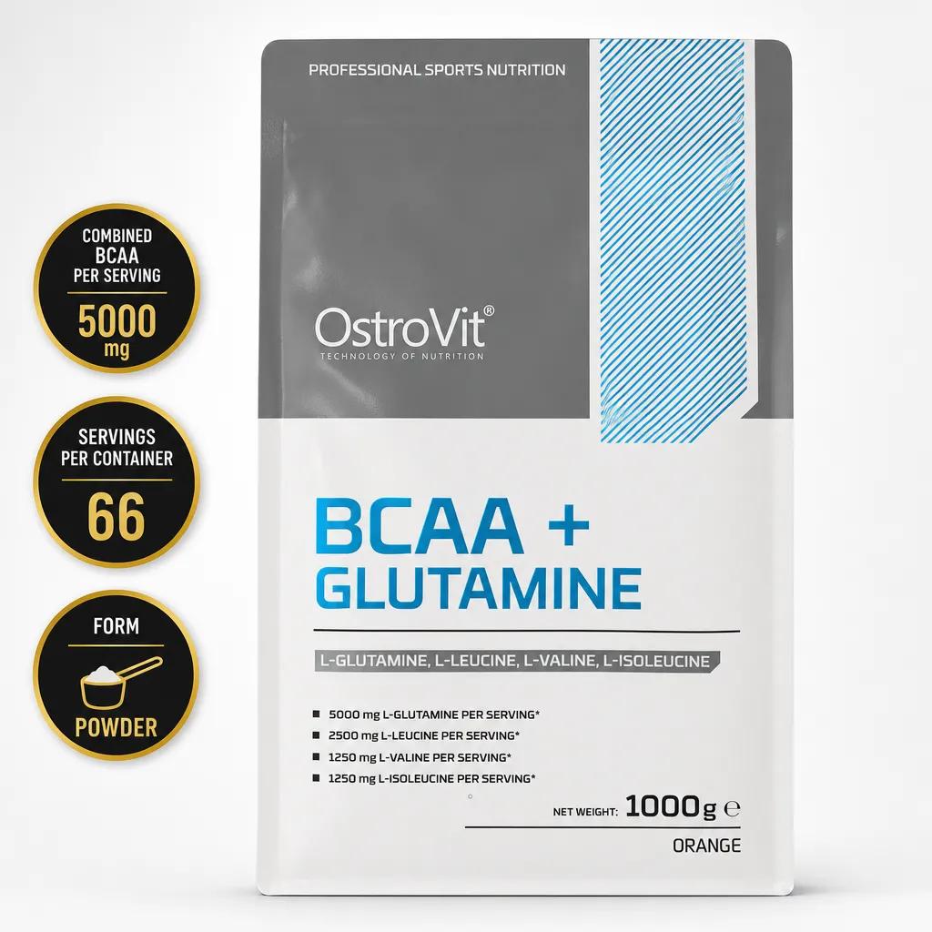 OstroVit BCAA + Glutamine 1000g orange-flavoured amino acid powder supplement in a white and grey pouch
