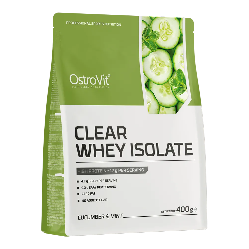 OstroVit Clear Whey Isolate 400g by OstroVit Nutrition, cucumber & mint flavor, high-protein whey isolate powder with zero fat and no added sugar.