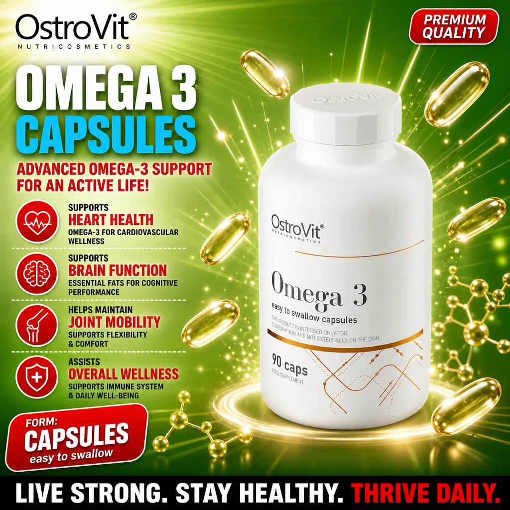 OstroVit Omega 3 Easy to Swallow 90 capsules, omega-3 dietary supplement in capsule form, supports heart health, brain function, joint mobility, and overall wellness. White bottle with gold capsules and green background.
