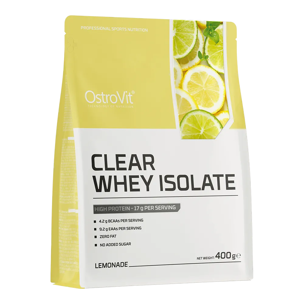 OstroVit Clear Whey Isolate 400g lemonade flavor protein powder, high in protein with zero fat and no added sugar, suitable for muscle growth and recovery.
