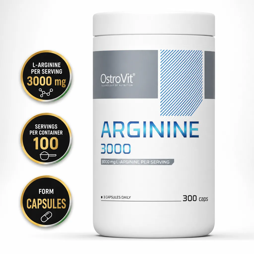 OstroVit Arginine 3000 supplement in capsule form, 300 capsules providing 3000 mg L-arginine per serving