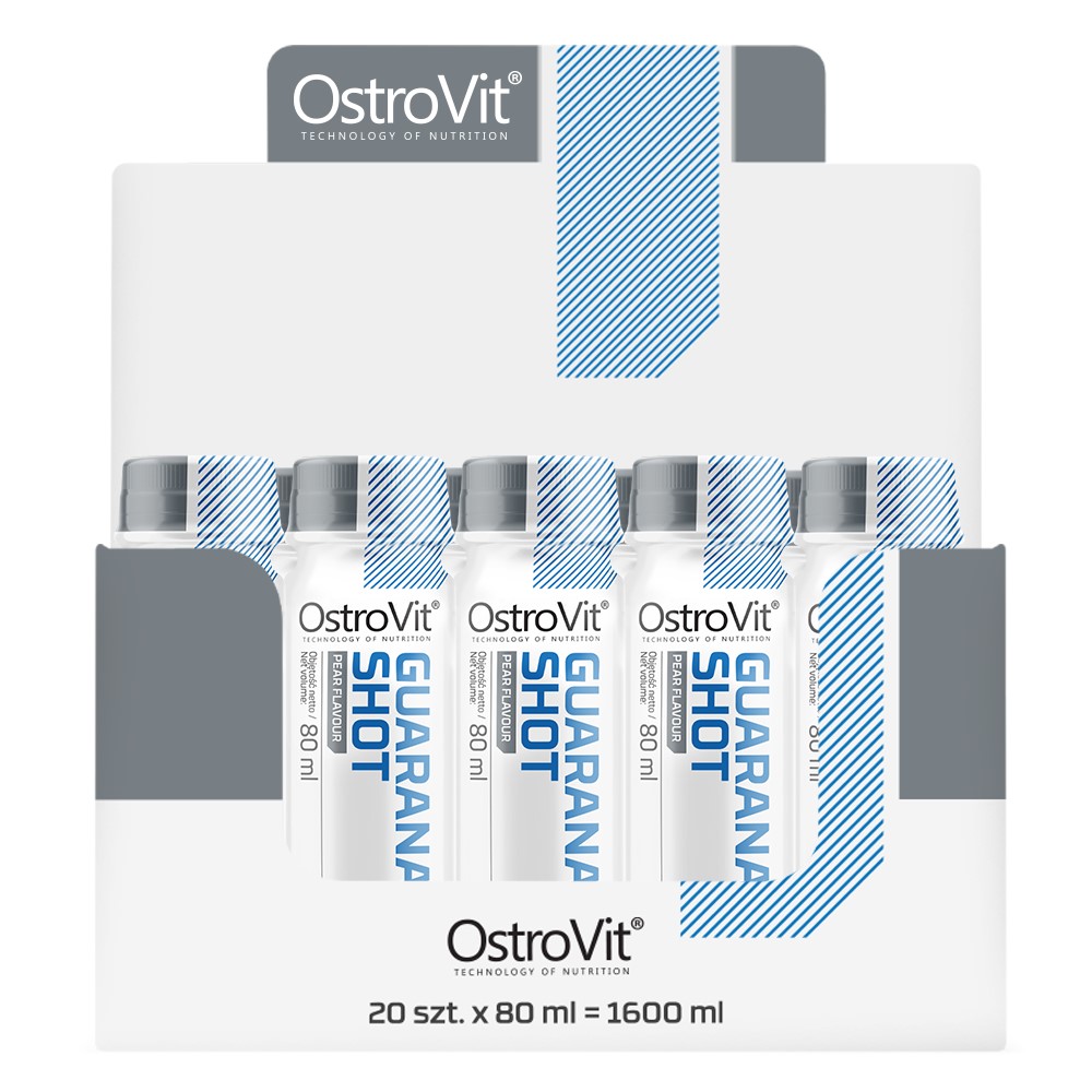 OstroVit Guarana Shot 80ml energy supplement in small bottles, visible in a white and blue multipack display. Each bottle is labeled with guarana shot and 80ml.