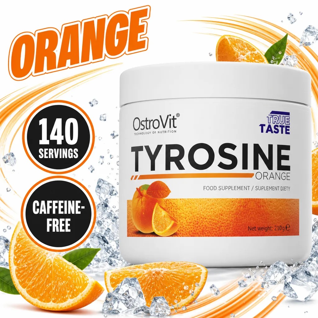 OstroVit Tyrosine 210g orange-flavoured powdered food supplement in a white tub with 140 servings