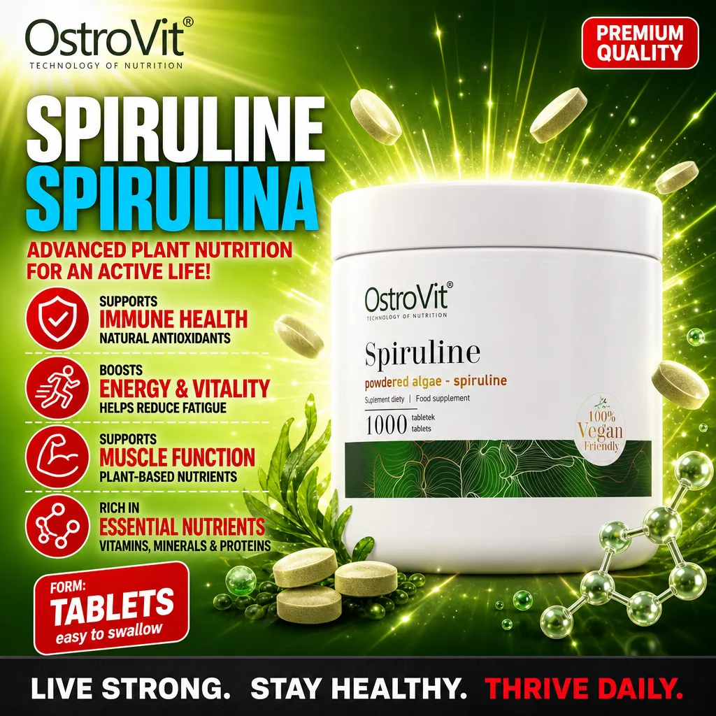 OstroVit Spiruline 1000 Vege Tabs vegan-friendly powdered algae supplement in tablet form, rich in essential nutrients, with a green-themed label and premium quality mark.