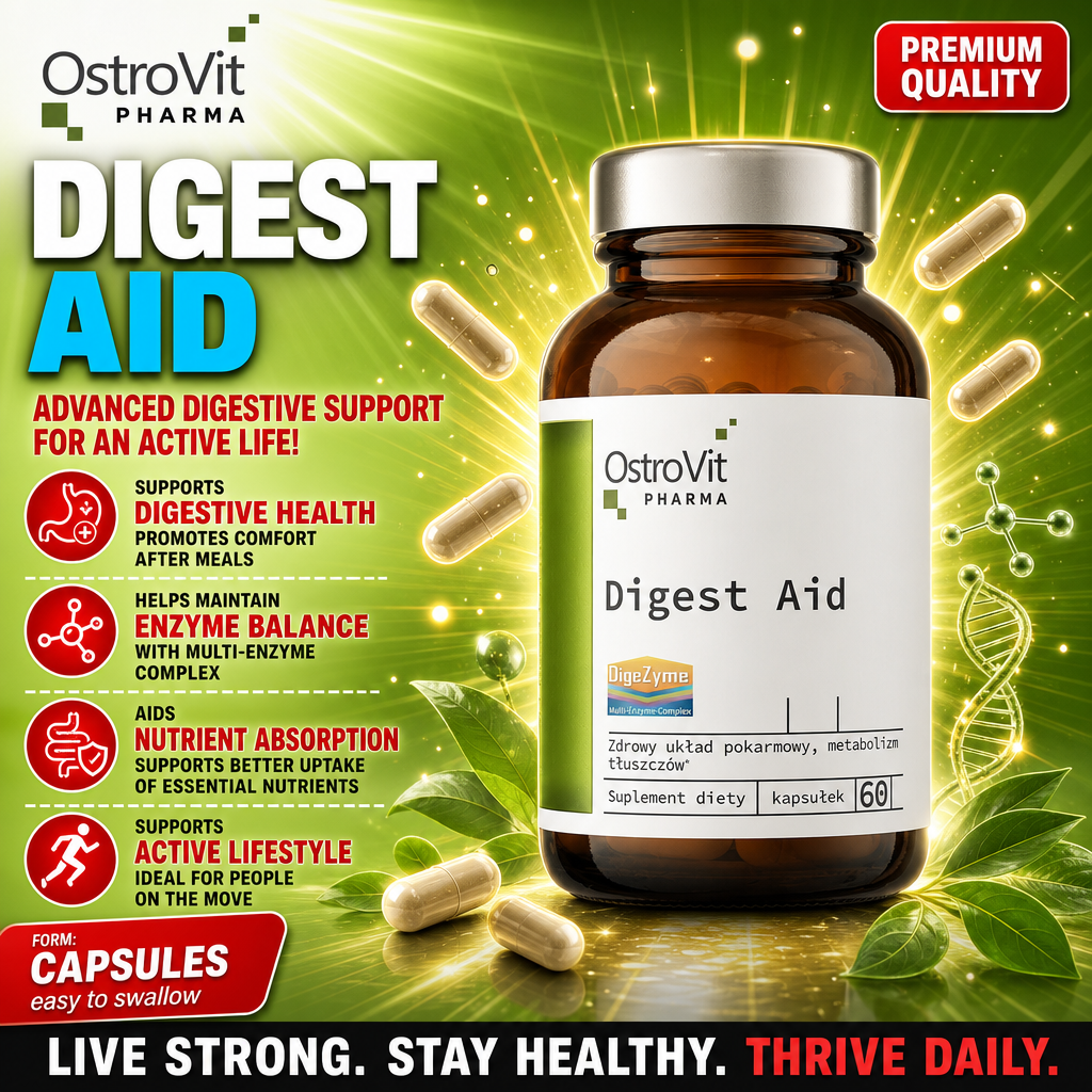 OstroVit Pharma Digest Aid 60 Caps digestive enzyme supplement in capsule form, supports digestive health, enzyme balance, and nutrient absorption, brown bottle with green-themed background.
